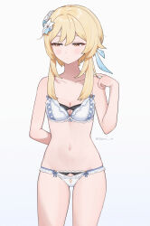 Rule 34 | 1girl, arm behind back, blonde hair, blush, bra, breasts, cleavage, closed mouth, feather hair ornament, feathers, flower, genshin impact, hair flower, hair ornament, highres, lumine (genshin impact), medium breasts, orange eyes, panties, q (oshikuraq), simple background, solo, twitter username, underwear, underwear only, white bra, white panties