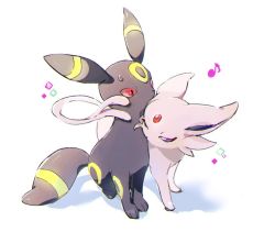 Rule 34 | blush, commentary request, creatures (company), espeon, forked tail, game freak, gen 2 pokemon, musical note, nao (naaa 195), nintendo, no humans, one eye closed, pokemon, pokemon (creature), purple eyes, red eyes, sitting, standing, tail, toes, umbreon