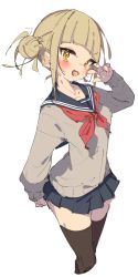 Rule 34 | 1girl, absurdres, arm behind back, blonde hair, blue sailor collar, blue skirt, blunt bangs, blush, boku no hero academia, breasts, brown cardigan, brown thighhighs, cardigan, collarbone, cropped legs, double bun, fang, feet out of frame, hair bun, hand up, highres, long sleeves, looking at viewer, medium breasts, neckerchief, open mouth, pleated skirt, rasusurasu, red neckerchief, sailor collar, short eyebrows, short hair with long locks, sidelocks, simple background, sketch, skin fang, skirt, smile, solo, standing, thighhighs, toga himiko, v, v-shaped eyebrows, v over eye, white background, yellow eyes, zettai ryouiki