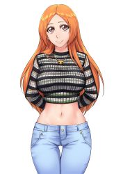 Rule 34 | 1girl, alternate costume, arms behind back, bleach, breasts, brown eyes, closed mouth, commentary request, cowboy shot, crop top, denim, groin, highres, inoue orihime, jeans, jewelry, large breasts, long hair, long sleeves, looking at viewer, midriff, navel, necklace, orange hair, pants, parted bangs, partial commentary, sakuya (liao kj), shirt, sidelocks, simple background, smile, solo, standing, striped clothes, striped shirt, thigh gap, white background