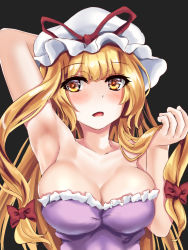 Rule 34 | 1girl, arm behind head, arm up, armpits, black background, blonde hair, blush, bow, breasts, cleavage, collarbone, commentary request, dress, frills, hair bow, hand in own hair, hat, hat ribbon, kaeranu kaeru, large breasts, long hair, looking to the side, mob cap, open mouth, orange eyes, presenting armpit, purple dress, red bow, red ribbon, ribbon, sidelocks, simple background, sleeveless, sleeveless dress, solo, strapless, strapless dress, touhou, upper body, white hat, yakumo yukari