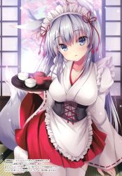 Rule 34 | 1girl, absurdres, animal ear fluff, animal ears, apron, arm support, branch, breasts, cleavage, collarbone, corset, fox ears, fox girl, fox tail, grey eyes, highres, holding, indoors, japanese clothes, long hair, long sleeves, looking at viewer, maid, maid headdress, medium breasts, original, puffy sleeves, red skirt, silver hair, simple background, skirt, smile, solo, tail, tatami, tateha (marvelous grace), thighhighs, tray, waist apron, white thighhighs, wide sleeves