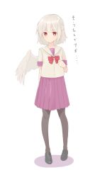 Rule 34 | 1girl, alternate costume, black footwear, black thighhighs, bow, bowtie, closed mouth, commentary, feathered wings, grey hair, grey wings, highres, kanpa (campagne 9), kishin sagume, loafers, looking at viewer, purple skirt, red bow, red bowtie, red eyes, school uniform, shadow, shoes, short hair, short sleeves, simple background, single wing, skirt, solo, thighhighs, touhou, translated, white background, white hair, wings