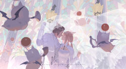 Rule 34 | 1boy, 1girl, animal ears, arm around waist, bat wings, blunt bangs, bridal veil, bride, brown hair, buttons, cat ears, character name, church, cleavage cutout, clenched hand, closed eyes, clothing cutout, collared vest, commentary, cymbals, dress, emmmerald, english commentary, english text, final fantasy, final fantasy xiv, flower knot, frilled sleeves, frills, gloves, grey vest, groom, hand on another&#039;s hip, harp, hetero, holding veil, horn (instrument), imminent kiss, instrument, jacket, jewelry, lamp, long hair, long sleeves, low twintails, marking on cheek, music, necklace, open clothes, open jacket, orange hair, parted lips, pig, playing instrument, see-through veil, short hair, stained glass, trumpet, twintails, upper body, veil, vest, wedding, wedding dress, white dress, white gloves, white jacket, white sleeves, wings
