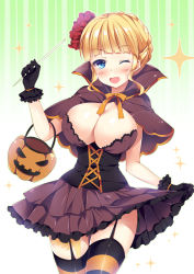 Rule 34 | 1girl, ;d, beatrice (umineko), black gloves, blonde hair, blue eyes, blush, breasts, cape, cleavage, covered erect nipples, fang, garter straps, gloves, halloween, jack-o&#039;-lantern, large breasts, looking at viewer, murasakio, narrow waist, no bra, one eye closed, open mouth, simple background, smile, solo, striped clothes, striped thighhighs, thighhighs, umineko no naku koro ni, white background, wink, zettai ryouiki