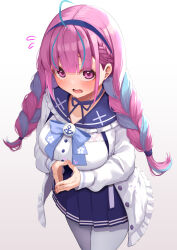 Rule 34 | 1girl, absurdres, ahoge, anchor symbol, animal print, blue bow, blue hair, blue hairband, blue ribbon, blue sailor collar, blue skirt, blush, bow, braid, breasts, brooch, cat print, coat, collarbone, dyed ahoge, fidgeting, fingernails, frilled coat, frilled sailor collar, frills, from above, frown, hair ribbon, hairband, highres, hololive, jewelry, large breasts, light blue hair, long sleeves, looking at viewer, minato aqua, minato aqua (sailor), minato yu, multicolored hair, neck ribbon, nervous, open clothes, open coat, open mouth, own hands together, pantyhose, pleated skirt, purple eyes, purple hair, ribbon, sailor collar, shirt, skirt, sleeves past wrists, solo, streaked hair, sweat, twin braids, twintails, two-tone hair, virtual youtuber, white background, white coat, white pantyhose, white shirt