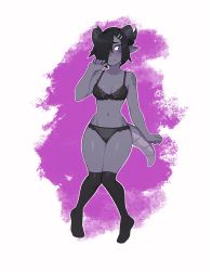 Rule 34 | 1girl, black bra, black panties, black thighhighs, bra, breasts, collarbone, colored skin, commentary, embarrassed, english commentary, full body, grey skin, hair ornament, hair over one eye, hairclip, highres, horns, knees together feet apart, looking away, looking to the side, navel, nelu (rob ishi), one eye covered, original, over-kneehighs, panties, pointy ears, rob ishi, scales, short hair, simple background, small breasts, solo, tail, thighhighs, underwear, underwear only