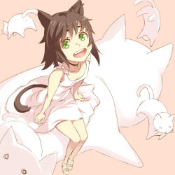 Rule 34 | 1girl, :d, animal ears, bad id, bad pixiv id, bell, neck bell, brown hair, cat, cat ears, cat tail, choker, dress, fang, from above, green eyes, kimura (ykimu), looking at viewer, open mouth, original, sandals, short hair, sitting, smile, solo, tail, white dress