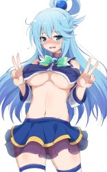 Rule 34 | 1girl, aqua (konosuba), bare shoulders, blue eyes, blue hair, blush, breasts, commentary request, detached sleeves, double v, eggman (pixiv28975023), embarrassed, hair between eyes, hair ornament, hair rings, highres, kono subarashii sekai ni shukufuku wo!, large breasts, lifted by self, long hair, looking at viewer, open mouth, skirt, smile, solo, thighhighs, thighs, underboob, v, wavy mouth