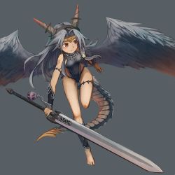 Rule 34 | 1girl, arm strap, arm tattoo, armband, bare shoulders, barefoot, circlet, closed mouth, commentary request, dragon tail, feathered wings, flower, grey background, grey hair, hair flower, hair intakes, hair ornament, holding, holding weapon, horns, ichi inaru, leaning forward, leg up, leotard, long hair, looking to the side, red eyes, sennen sensou aigis, shin guards, simple background, solo, spread wings, sword, tail, tattoo, thigh strap, toes, vambraces, weapon, wings, wurm (sennen sensou aigis)