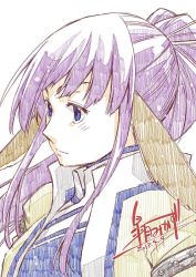 Rule 34 | 1girl, ainu clothes, animal ears, aquaplus, blue eyes, breasts, closed mouth, coat, collared coat, collared dress, dress, from side, high ponytail, large breasts, long hair, mikazu satsuki, nose, ponytail, purple hair, sidelocks, sketch, solo, touka (utawarerumono), upper body, utawarerumono, very long hair