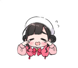 Rule 34 | 1girl, = =, arashi chisato, beret, black hair, blush, bow, bowtie, chibi, commentary request, cropped torso, crying, double bun, facing viewer, hair bun, hat, kashikaze, long sleeves, love live!, love live! superstar!!, misaki nako, open mouth, pink bow, pink bowtie, real life, sidelocks, simple background, solo, upper body, voice actor, voice actor connection, white background, white hat