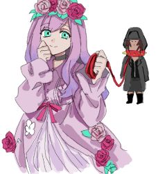 Rule 34 | 1boy, 1girl, atarashi coco, baseball cap, black coat, blue eyes, brown hair, coat, collar, dark-skinned male, dark skin, dress, eyebrows, floral print, flower, flower wreath, hair flower, hair ornament, hat, keiseki1, leash, long coat, long dress, long hair, minamimoto shou, pink dress, pink hair, pink ribbon, ribbon, shin subarashiki kono sekai, spiked collar, spikes, subarashiki kono sekai