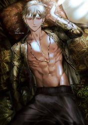 Rule 34 | 1boy, bishounen, black pants, collarbone, earrings, fate/stay night, fate (series), gilgamesh (fate), highres, jacket, jewelry, long sleeves, looking at viewer, male focus, navel, nipples, open clothes, open jacket, open mouth, pants, red eyes, sakura hitsuji, short hair, silver hair, solo