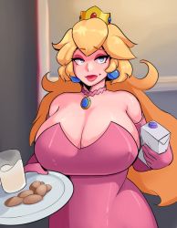 Rule 34 | 1girl, bare shoulders, blonde hair, blue eyes, breasts, choker, cleavage, closed mouth, cookie, crown, cumqueennsfw, cup, dress, earrings, elbow gloves, eyeshadow, food, gloves, highres, holding, holding carton, holding plate, huge breasts, impossible clothes, impossible dress, jewelry, light smile, lips, long hair, looking at viewer, makeup, mario (series), milk, milk carton, nintendo, nunsafeforwork, pendant choker, pink choker, pink dress, pink gloves, plate, princess peach, red eyeshadow, red lips, solo, strapless, strapless dress, super mario bros. 1, thick lips