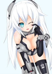 Rule 34 | 10s, 1girl, aqua eyes, bare shoulders, bent over, black heart (neptunia), blue eyes, blush, breasts, cleavage, cleavage cutout, clothing cutout, female focus, hair ornament, highres, kami jigen game neptune v, large breasts, leotard, long hair, looking at viewer, neptune (series), noire (neptunia), one eye closed, open mouth, solo, symbol-shaped pupils, tamaki (tamaki pic), thighhighs, twintails, very long hair, white hair, wink
