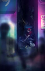 Rule 34 | 1girl, alley, can, caution tape, dark, drink can, graffiti, grey horns, highres, hood, hoodie, horns, kijin seija, looking at viewer, red hoodie, road, shadow, shee take, sign, sitting, soda can, solo, street, touhou, trash, trash bag, trash can