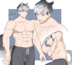 Rule 34 | 1boy, abs, animal ears, bara, bare pectorals, blue eyes, closed mouth, dog boy, dog ears, dog tail, grey hair, grey pants, highres, large pectorals, male focus, multicolored hair, multiple views, muscular, muscular male, navel, nipples, open mouth, original, pants, pectorals, rio mukiniki, shirt, short hair, solo, tail, topless male, two-tone hair, undressing, white shirt