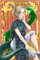 Rule 34 | 1girl, antlers, blonde hair, china dress, chinese clothes, dragon girl, dragon horns, dragon tail, dress, glasses, highres, horns, kicchou yachie, looking at viewer, otter, otter spirit (touhou), print dress, red eyes, short hair, soretsu nitohei, tail, tongue, tongue out, touhou, turtle shell, yellow horns