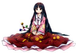 Rule 34 | 1girl, absurdres, baba (baba seimaijo), black hair, branch, brown eyes, highres, hime cut, houraisan kaguya, jeweled branch of hourai, long hair, long sleeves, looking at viewer, shirt, sitting, skirt, solo, tachi-e, touhou, transparent background, very long hair, wide sleeves