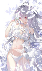 Rule 34 | 1girl, aano (10bit), absurdres, ahoge, bare shoulders, bikini, breasts, collarbone, fate/grand order, fate (series), frilled bikini, frills, highres, lady avalon (fate), lady avalon (second ascension) (fate), long hair, looking at viewer, medium breasts, merlin (fate/prototype), navel, red eyes, smile, solo, swimsuit, thighs, very long hair, white bikini, white hair
