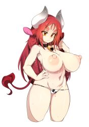 Rule 34 | 1girl, absurdres, animal ears, animal print, bell, bikini, bikini bottom only, breasts, closed mouth, cow ears, cow horns, cow print, cow tail, cowbell, hand on own hip, hand up, highres, horns, huge breasts, long hair, lowleg, lowleg bikini, mole, mole on breast, mole on thigh, navel, neck bell, one side up, orange-tinted eyewear, original, perky breasts, red hair, simple background, slugbox, solo, standing, sweat, swimsuit, tail, tinted eyewear, topless, very long hair, white background