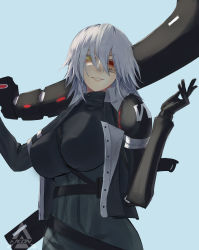 Rule 34 | 1girl, aaron (aaron4307), absurdres, blue background, breasts, cyborg, genderswap, heterochromia, highres, holding, holding weapon, mechanical parts, punishing: gray raven, red eyes, roland (punishing: gray raven), simple background, smile, upper body, weapon, white hair, yellow eyes