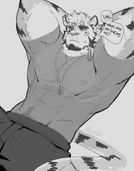 Rule 34 | 1boy, abs, absurdres, animal ears, arms behind head, bara, cowboy shot, cross, cross facial mark, dog tags, facial hair, facial mark, furry, furry male, goatee, gou minami south, greyscale, highres, large pectorals, looking at viewer, lying, male focus, monochrome, muscular, muscular male, nipples, on back, original, pectorals, scar, scar across eye, see-through, see-through shirt, short hair, solo, sparse chest hair, sparse navel hair, thick eyebrows, tiger boy, tiger ears, white hair