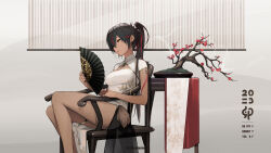 Rule 34 | 1girl, 2023, alternate costume, armchair, black hair, bonsai, breasts, chair, china dress, chinese clothes, cleavage, cleavage cutout, clothing cutout, dark-skinned female, dark skin, dress, earrings, feet out of frame, folding fan, genshin impact, hand fan, happy new year, heitian keji, highres, holding, holding fan, jewelry, long hair, looking away, medium breasts, multicolored hair, new year, parted lips, ponytail, red hair, see-through, short sleeves, sitting, smile, solo, streaked hair, thighlet, two-tone hair, white dress, xinyan (genshin impact), yellow eyes