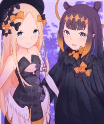 Rule 34 | 2girls, abigail williams (fate), abigail williams (fate) (cosplay), absurdres, bare shoulders, black bow, black dress, black headwear, blonde hair, blue eyes, bow, breasts, closed mouth, cosplay, costume switch, creator connection, detached sleeves, dress, fate/grand order, fate (series), forehead, hair bow, hat, highres, hololive, hololive english, long hair, lost b&#039;unny, low wings, multiple girls, multiple hair bows, ninomae ina&#039;nis, ninomae ina&#039;nis (1st costume), ninomae ina&#039;nis (cosplay), open mouth, orange bow, parted bangs, pointy ears, polka dot, polka dot bow, purple hair, ribbed dress, sidelocks, single detached sleeve, sleeves past fingers, sleeves past wrists, small breasts, smile, tentacle hair, virtual youtuber, wings