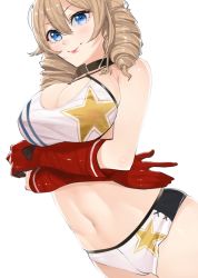 Rule 34 | 1girl, azur lane, bare shoulders, bikini, bikini top only, black choker, blonde hair, blue eyes, blush, breasts, chicago (azur lane), choker, cleavage, closed mouth, commentary, covered erect nipples, cowboy shot, crossed arms, drill hair, dutch angle, elbow gloves, gloves, groin, hair between eyes, halterneck, large breasts, long hair, looking at viewer, micro shorts, midriff, navel, ootani nonno, red gloves, shorts, sidelocks, simple background, smile, solo, standing, star (symbol), star print, swimsuit, taut clothes, twin drills, white background, white bikini, white shorts