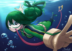 Rule 34 | 1girl, :&gt;, absurdres, artist name, asui tsuyu, belt, black eyes, black footwear, bodysuit, boku no hero academia, bow-shaped hair, bubble, domino mask, frog girl, gloves, goggles, green bodysuit, green hair, hair rings, highres, huge filesize, long hair, long tongue, looking at viewer, low-tied long hair, mask, outstretched arms, solo, superhero costume, swimming, tongue, tongue hold, tongue out, underwater, very long tongue, yuhi (yuhi atb26)