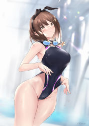 Rule 34 | 1girl, atelier (series), atelier ryza, atelier ryza 1, bare shoulders, black ribbon, blue one-piece swimsuit, blush, breasts, brown eyes, brown hair, closed mouth, competition swimsuit, covered navel, goggles, goggles around neck, hair ornament, hair ribbon, hairclip, highleg, highleg swimsuit, jewelry, large breasts, long hair, looking at viewer, necklace, one-piece swimsuit, parfaitlate, reisalin stout, ribbon, short hair, sitting, smile, solo, star (symbol), star necklace, swimsuit, thighs, wet
