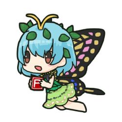 Rule 34 | 1girl, antennae, aqua hair, bad id, bad twitter id, barefoot, brown eyes, butterfly wings, chibi, dress, eternity larva, fairy, full body, green dress, hair between eyes, insect wings, leaf, leaf on head, lowres, multicolored clothes, multicolored dress, naruto (cat cea), open mouth, power item (touhou), short hair, short sleeves, simple background, single strap, solo, third-party source, touhou, white background, wings