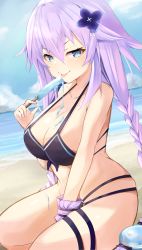 Rule 34 | 1girl, :p, absurdres, beach, bikini, bimmy, blue eyes, braid, breasts, choujigen game neptune, cleavage, commentary, day, english commentary, flower, food, hair flower, hair ornament, highres, large breasts, long hair, looking at viewer, naughty face, neptune (series), popsicle, power symbol-shaped pupils, purple bikini, purple hair, purple heart (neptunia), seductive smile, sitting, sky, smile, solo, swimsuit, symbol-shaped pupils, tongue, tongue out, twin braids, very long hair, water
