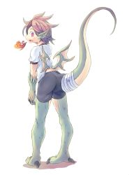 Rule 34 | 1girl, 4138, ass, bike shorts, dragon girl, female focus, fire, from behind, highres, monster girl, open mouth, original, profile, red eyes, simple background, solo, tail, white background, wings