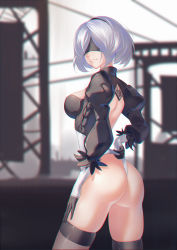 Rule 34 | 1girl, asanogawa (tutufcc), ass, back cutout, backless outfit, bad id, bad pixiv id, black hairband, blindfold, breasts, chromatic aberration, cleavage cutout, clothing cutout, covered eyes, feather-trimmed sleeves, gloves, hairband, highleg, highleg leotard, highres, juliet sleeves, leotard, long sleeves, looking back, medium breasts, nier (series), nier:automata, puffy sleeves, short hair, silver hair, skindentation, solo, thighhighs, wedgie, white leotard, 2b (nier:automata)