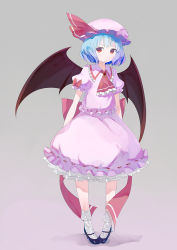 Rule 34 | 1girl, ascot, bad id, bad pixiv id, bat wings, blue hair, bow, brooch, dress, grey background, hat, hat ribbon, high heels, jewelry, kokono (sakaebaka), looking at viewer, mary janes, pigeon-toed, pink dress, puffy sleeves, red bow, red eyes, red ribbon, remilia scarlet, ribbon, sash, shoes, short sleeves, socks, solo, touhou, wings