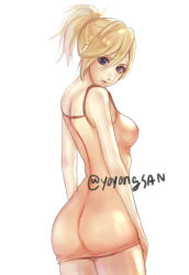 Rule 34 | 1girl, ass, bad id, bad pixiv id, blonde hair, blue eyes, breasts, brown dress, casual, cowboy shot, dress, from side, hair tie, high ponytail, looking at viewer, looking to the side, medium breasts, mercy (overwatch), no wings, overwatch, overwatch 1, pink lips, short hair, shoulder blades, simple background, sketch, sleeveless, sleeveless dress, solo, taut clothes, taut dress, twitter username, white background, yoyongsan
