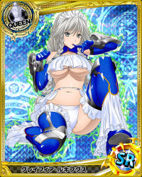 Rule 34 | 10s, 1girl, :o, armor, bikini, blue gloves, blue thighhighs, breasts, card (medium), chess piece, cleavage, crop top, crop top overhang, elbow gloves, female focus, gloves, grayfia lucifuge, grey eyes, grey hair, high school dxd, huge breasts, long hair, looking at viewer, maid headdress, matching hair/eyes, navel, non-web source, official art, queen (chess), skindentation, solo, swimsuit, thighhighs, trading card, underboob