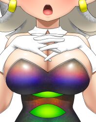 Rule 34 | 1girl, absurdres, bare shoulders, black dress, breast focus, breasts, cleavage, detached collar, dress, earrings, female focus, gloves, hands on own chest, highres, jewelry, large breasts, marie (splatoon), nintendo, open mouth, pero (pero7762), simple background, solo, splatoon (series), standing, strapless, strapless dress, teeth, tentacle hair, tongue, upper teeth only, white background, white gloves, white hair