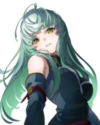 Rule 34 | 1girl, absurdres, bare shoulders, breasts, c.c., code geass, commentary, detached sleeves, green shirt, grey hair, highres, long hair, looking at viewer, medium breasts, natsume hinako, parted lips, shirt, simple background, solo, upper body, white background, yellow eyes