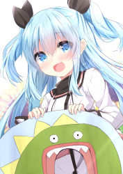 Rule 34 | 1girl, :d, black ribbon, blue eyes, blue hair, blurry, blurry background, blush, commentary request, depth of field, dress, hair between eyes, hair ribbon, highres, kouda suzu, long hair, long sleeves, looking at viewer, noel (sora no method), open mouth, ribbon, sidelocks, smile, solo, sora no method, two side up, white background, white dress