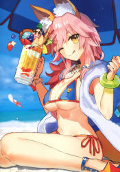 Rule 34 | 1girl, absurdres, animal ear fluff, animal ears, beach umbrella, bikini, blue sky, blurry, blurry background, blush, bracelet, brown eyes, day, fate/extra, fate/grand order, fate (series), food, fox ears, fox girl, fruit, highres, ice cream, jewelry, looking at viewer, navel, necklace, one eye closed, outdoors, pink hair, scan, sitting, sky, smile, solo, spoon, stomach, sundae, swimsuit, tamamo (fate), tamamo no mae (fate/extra), tamamo no mae (swimsuit lancer) (fate), thighs, tongue, tongue out, umbrella, wada arco, wariza