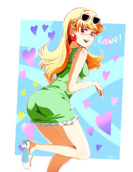 Rule 34 | 1girl, artist name, ass, bare legs, blonde hair, blush, border, breasts, brown eyes, dress, earrings, embarrassed, eyewear on head, feet out of frame, glasses, green dress, heart, heart background, highres, jcm2, jewelry, leg up, leni loud, long hair, looking at viewer, looking back, open mouth, open shoes, outside border, sandals, short dress, signature, sleeveless, sleeveless dress, small breasts, smile, solo, star (symbol), sunglasses, sunglasses on head, teeth, the loud house, white-framed eyewear, white border, white footwear