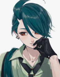 Rule 34 | 1girl, ahoge, androgynous, aqua hair, black gloves, black necktie, bright pupils, collarbone, collared shirt, creatures (company), ear piercing, earrings, expressionless, game freak, gloves, green shirt, hair over shoulder, hand on own chin, hand up, highres, itou (very ito), jewelry, long hair, looking to the side, necktie, nintendo, parted lips, piercing, pokemon, pokemon sv, portrait, red eyes, rika (pokemon), shirt, sideways glance, simple background, solo, suspenders, swept bangs, white background, white pupils
