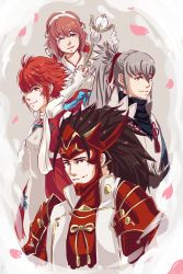 Rule 34 | 2boys, 2girls, armor, brother and sister, brothers, brown hair, cherry blossoms, commentary, erisupaisu, fire emblem, fire emblem fates, gloves, grey hair, hairband, highres, hinoka (fire emblem), holding, japanese armor, long hair, multiple boys, multiple girls, nintendo, one eye closed, pink hair, ponytail, red hair, ryoma (fire emblem), sakura (fire emblem), short hair, siblings, simple background, sisters, smile, staff, takumi (fire emblem), upper body