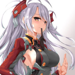 Rule 34 | 1girl, antenna hair, armpit cutout, azur lane, blush, breasts, brown eyes, clothing cutout, cross, glove in mouth, gloves, hair between eyes, hand up, headgear, highres, iron cross, large breasts, leotard, long hair, long sleeves, looking at viewer, mole, mole on breast, mouth hold, multicolored hair, parted lips, prinz eugen (azur lane), red hair, silver hair, smile, solo, streaked hair, two side up, very long hair, watarui