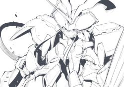 Rule 34 | 10s, breasts, cowboy shot, darling in the franxx, greyscale, holding, holding polearm, holding spear, holding weapon, horns, humanoid robot, koyama shigeto, lineart, looking at viewer, mecha, medium breasts, monochrome, no humans, open mouth, polearm, robot, simple background, single horn, solo, spear, strelizia, unfinished, weapon, white background