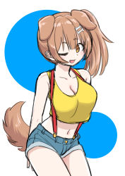 Rule 34 | 1girl, animal ears, bare arms, bare legs, bone hair ornament, breasts, brown eyes, brown hair, cleavage, collarbone, commentary, cosplay, cowboy shot, creatures (company), denim, denim shorts, dog ears, dog girl, dog tail, game freak, hair ornament, highres, hololive, inugami korone, large breasts, looking at viewer, midriff, misty (pokemon), misty (pokemon) (cosplay), navel, nintendo, one eye closed, open mouth, pokemon, pokemon (anime), pokemon (classic anime), sabaku chitai, short shorts, shorts, side ponytail, simple background, sketch, sleeveless, smile, solo, standing, stomach, suspender shorts, suspenders, tail, tank top, virtual youtuber, white background, yellow tank top
